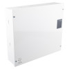 Angled view of a 24v dc en54 4 approved power supply unit 3amp without backup batteries in a white metal case
