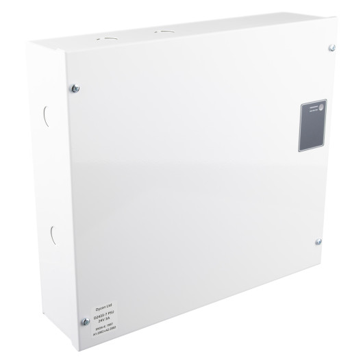 Angled view of a 24v dc en54 4 approved power supply unit 3amp without backup batteries in a white metal case