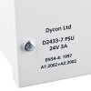 Label showing Dycon Ltd 24v dc en54 4 approved power supply unit 3amp without backup batteries with certification details