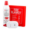 Kidde Flame Out fire‑fighting spray, an UltraFire fire blanket in a red pouch with pull tabs, and an UltraFire carbon monoxide alarm with test and silence buttons arranged together as a home fire‑safety set