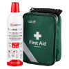 Kidde Flame Out fire‑fighting spray next to a green St John Ambulance first aid kit with a white cross and zip closure