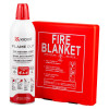 Kidde Flame Out fire‑fighting spray beside a red UltraFire 1m x 1m fire blanket container with pull tabs and printed usage instructions