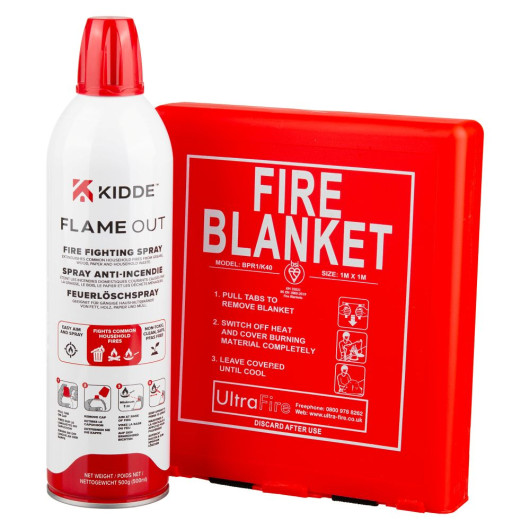 Kidde Flame Out fire‑fighting spray beside a red UltraFire 1m x 1m fire blanket container with pull tabs and printed usage instructions