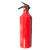 A red fire extinguisher with a black nozzle and handle, safety pin inserted, and white printed instructions on the cylinder