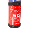 A close‑up of a red Kidde fire extinguisher showing operating instructions, safety information, and mounting brackets