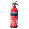 A red 1 kg ABC powder fire extinguisher with a black handle, mounting bracket, pressure gauge, and printed usage instructions