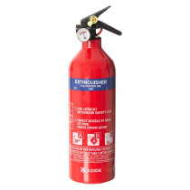 A red 1 kg ABC powder fire extinguisher with a black handle, pressure gauge, and printed usage instructions