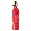 A red powder fire extinguisher with a black nozzle, yellow safety clip, and printed usage and safety markings