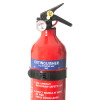 A red 1 kg ABC powder fire extinguisher with usage instructions, safety clip, and rating 8A 34B C printed on the label