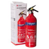 A red Kidde 1 kg ABC powder fire extinguisher shown next to its branded packaging box, both displaying usage instructions and ratings