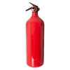 A red fire extinguisher with a black nozzle and handle, secured by a red safety pin at the top
