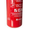 A close‑up of a red fire extinguisher showing printed usage instructions, fire class symbols, and manufacturer details