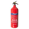 A red 2kg ABC powder fire extinguisher with a blue instruction label, pressure gauge, and black nozzle