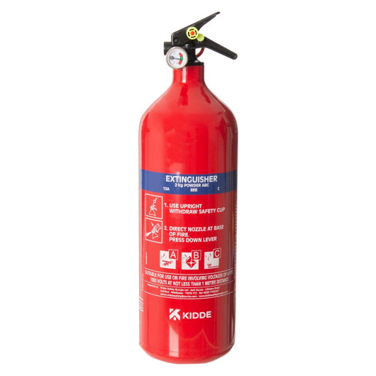 A red 2kg ABC powder fire extinguisher with a blue instruction label, pressure gauge, and black nozzle