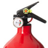 A close‑up of a fire extinguisher pressure gauge with the needle in the green zone, alongside the handle and safety pin