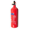 A red fire extinguisher with a blue label showing usage instructions, safety symbols, and a yellow safety pin