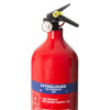 A red 2kg ABC powder fire extinguisher with a red instruction label, pressure gauge, and black nozzle