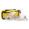A clear plastic pump with a handle at the top and a bright yellow rim at the bottom surrounded by different sized resuscitation style masks with a yellow plastic case to keep all the parts in