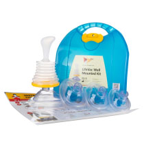 A blue plastic case with a carry handle at the top with a label on the front with black writing stating LifeVac Wall Mounted Kit with the anti choking device and different sized masks in front