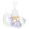 Anti choking device showing the front view with three different sized clear masks and a white handle attached to a flexible yellow base