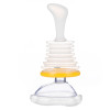 Anti choking device showing a side mask attached with a flexible, ribbed tube and a white handle on top