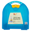 Blue plastic case for the lifevac anti choking device wall mounted kit with handle and label on front
