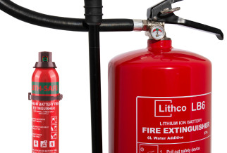 A red lithium-ion fie extinguisher with a white label