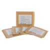 Five adhesive sticker pad packets arranged with instructional labels on brown paper packaging