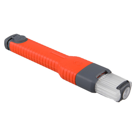 Angled view of a lifehammer car torch showing its orange handle and grey details against a white background