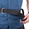 modum and saffold harness with a close up of the clip being held against a blue shirt