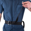 Person wearing and holding part of the modum and saffold harness showing the black strap and buckle