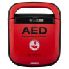 A red defibrillator with the letters 