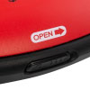 A close-up of the open switch to release the lid of the defibrillator