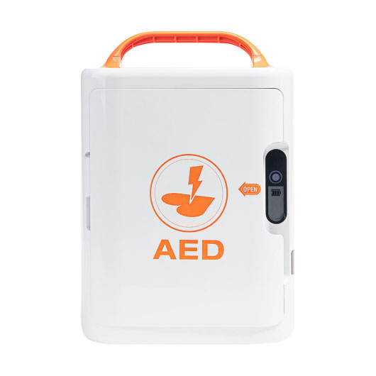 A white defibrillator with the letters 