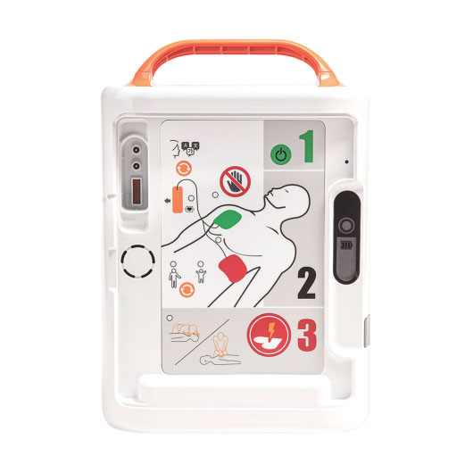  white defibrillator with the lid open showing the internal buttons and user instructions