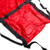 Red mip emergency evacuation sheet with attached black straps laid out flat on a white background