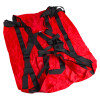 Red mip emergency evacuation sheet unrolled showing black straps and buckles on a white background