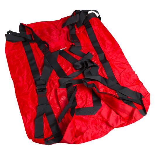 Red mip emergency evacuation sheet unrolled showing black straps and buckles on a white background