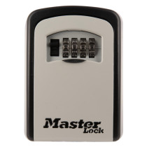 Front view of the master lock 5401 key safe showing the combination dials and black slider on a grey casing