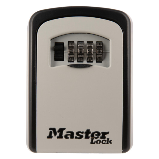 Front view of the master lock 5401 key safe showing the combination dials and black slider on a grey casing