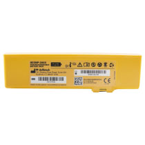 a yellow rectangular battery with black writing stating Defibtech as the brand, there are serial number and expiry date barcodes show in black and white