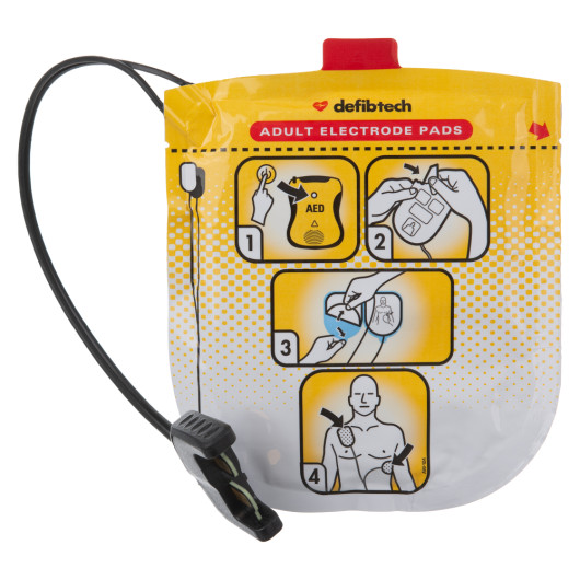 defibtech lifeline view ecg pro adult defibrillator pads showing front with step-by-step placement instructions and attached wire
