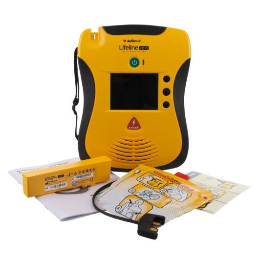 defibtech lifeline view semi automatic defibillator with battery, electrode pads, instructions and packaging displayed