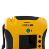 Top view of defibtech lifeline view semi automatic defibillator with yellow and black casing and control buttons visible
