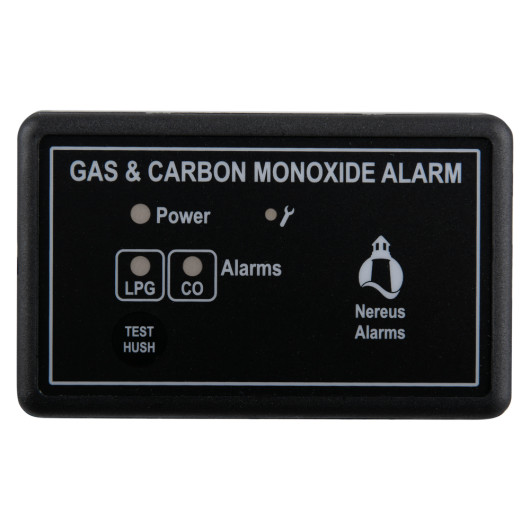 Front view of nereus boat alarm showing panel with gas and carbon monoxide alarm indicators for LPG and CO sensors