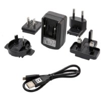 angled view of solo 365 universal charger pack showing main charger unit with various plug adapters and a USB cable