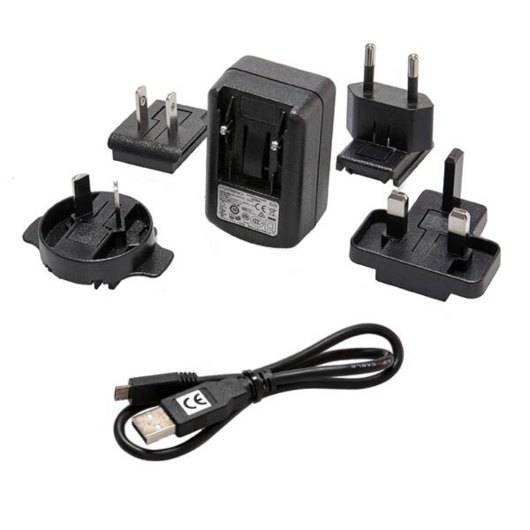angled view of solo 365 universal charger pack showing main charger unit with various plug adapters and a USB cable