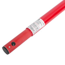 Bottom end of a red solo 101 extension access pole showing connection and label details