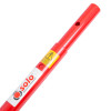 Close-up view of the bottom section of the red solo 108 telescopic access pole with its safety label visible
