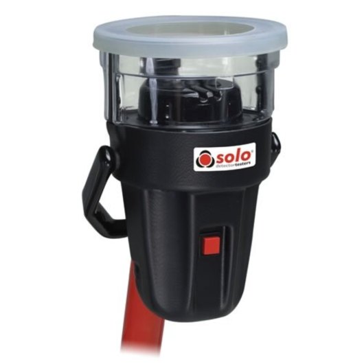angled view of solo 460 cordless heat detector tester head showing black and red body with clear top section